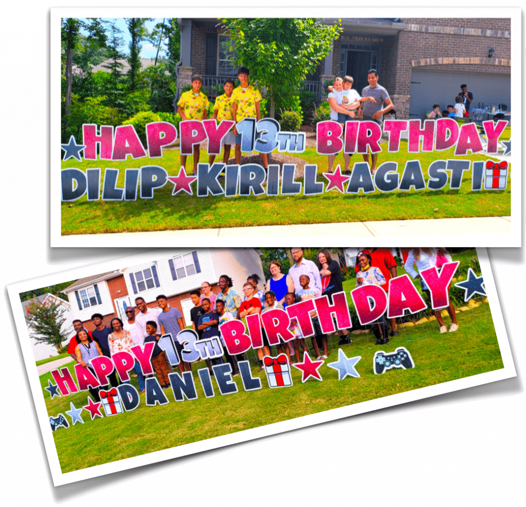a collage showing happy kids and their family next to a customized birthday yard sign from our Gaming Truck party that goes Beyond A Gwinnett County Game Truck… Beyond A Birthday Party… It's An Experience Unlike Anything Else