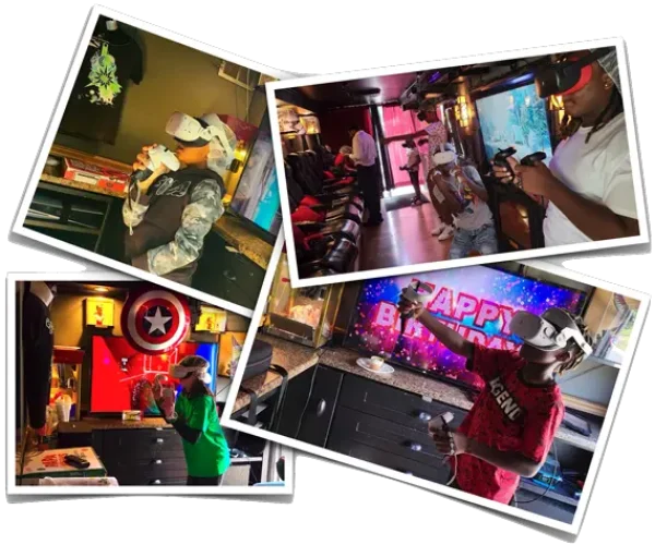 3 pictures stacked on top of each other showing kids having fun & getting gifts from our game bus Atlanta birthday party experience