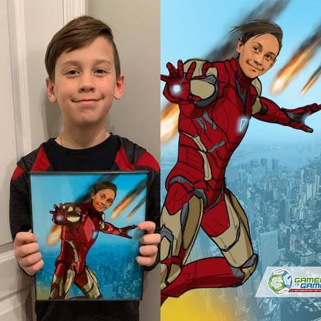 Side by side comparison image of Game Truck Atlanta client, with his personalized superhero picture