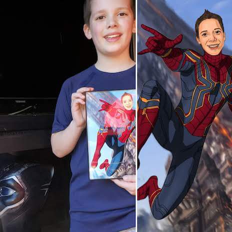 Side by side comparison image of a Game Truck Atlanta client, showing his realistic personalized superhero picture of himself as Spiderman