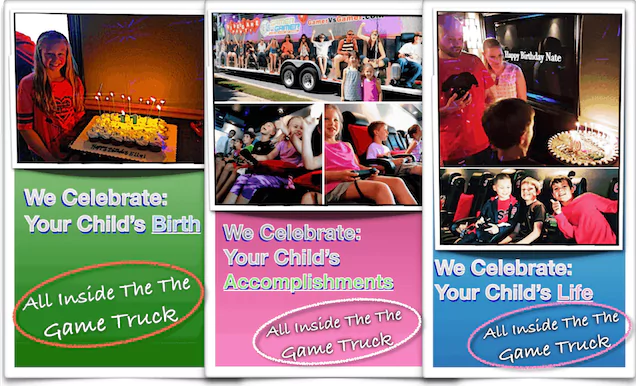3 different panels each displaying one of the ways Atlanta Gaming Bus, the best gaming bus near me that celebrates your child with an All Inclusive party.