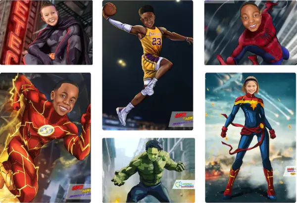 A collage of 6 kids who are game bus clients. All of them are dressed as superheros. 