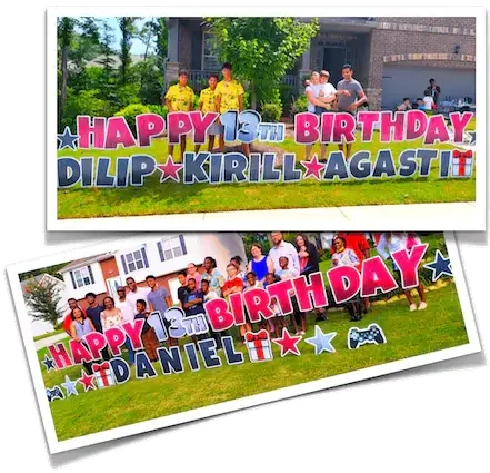2 images stacked on top each other showing the game bus 24 inch birthday yard sign install that we offer. No other game truck rental offers this service.