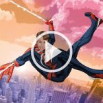 A video play button of a gamebus rental client dressed as Spiderman.