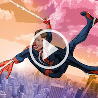 A video play button of our game bus client dressed as Spiderman.