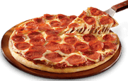 1 slice of pizza being removed from an entire pizza pie, Our game bus allows pizza to be eaten inside our game truck rental
