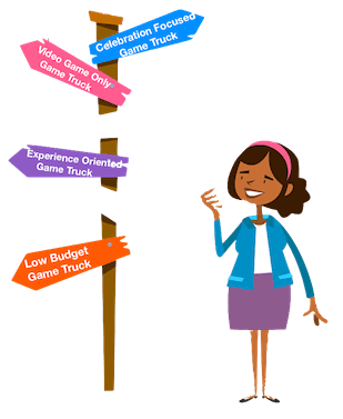 Mom pointing at a game bus rental street sign with 4 video game bus rental options