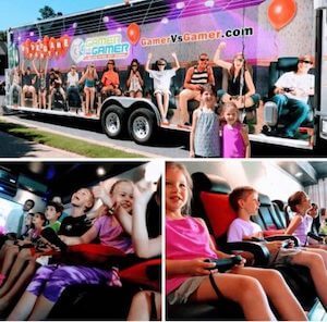a 3 piece collage showing girls posing outside our game bus, and 2 of the collages shows the girls cheering & having fun at our Gamer vs Gamer partyhaving 