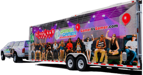 Image of a Game Truck attached to pickup truck. Both Wrapped in Gamer vs Gamer company information. This promotes our game truck rentals