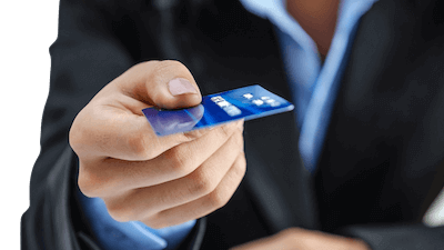 A  gamebus rental prospects hand and credit card and wearing a suit handing a credit card to make a payment