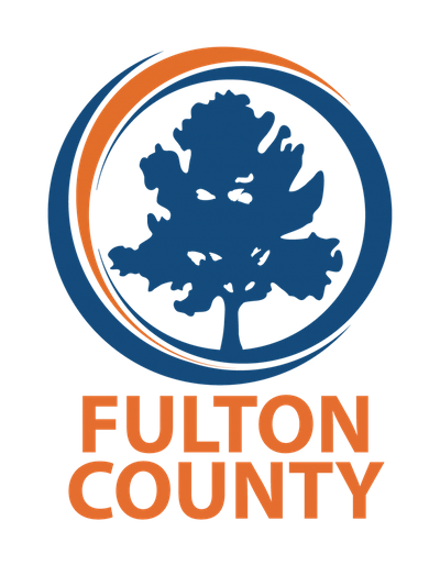 Illustrated blue tree surrounded by orange & blue circles, and says Fulton County / Gametruck Near Me
