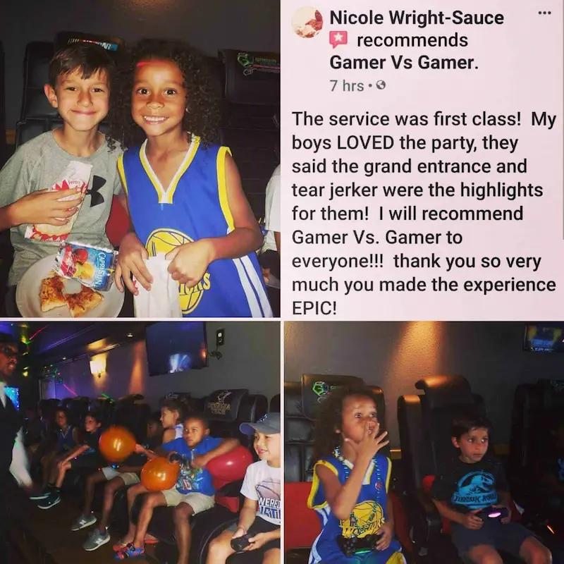 Facebook testimonial with 3 pictures of the inside of the Gamer vs Game / Game Truck Rentals and Gaming Truck